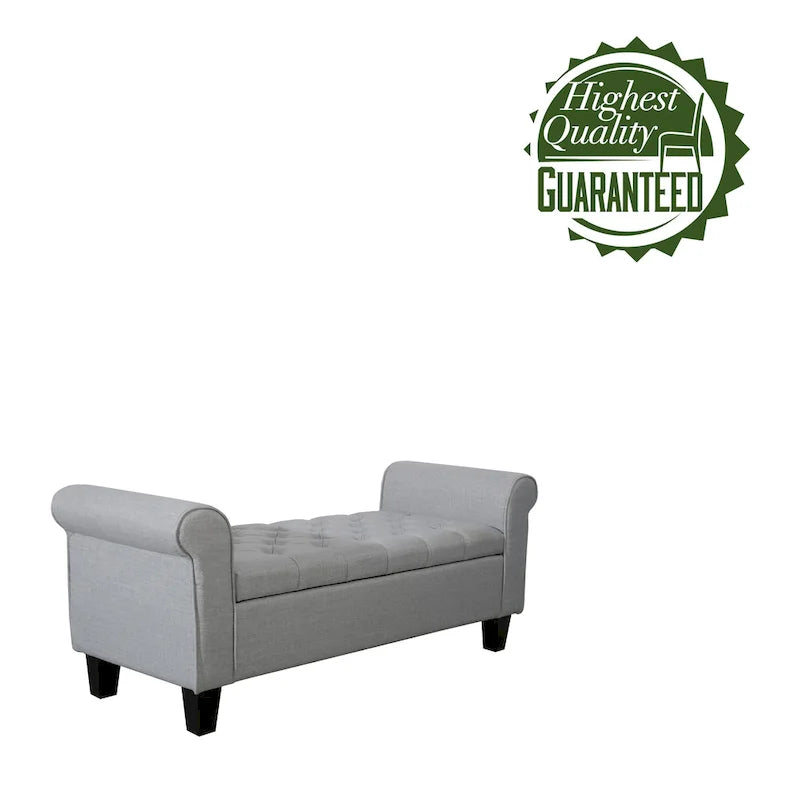 Banc de rangement capitonné en tissu gris / gris foncé / beige avec accoudoirs roulés, une place