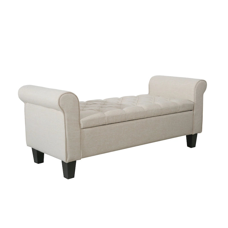 Banc de rangement capitonné en tissu gris / gris foncé / beige avec accoudoirs roulés, une place