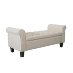 Banc de rangement capitonné en tissu gris / gris foncé / beige avec accoudoirs roulés, une place