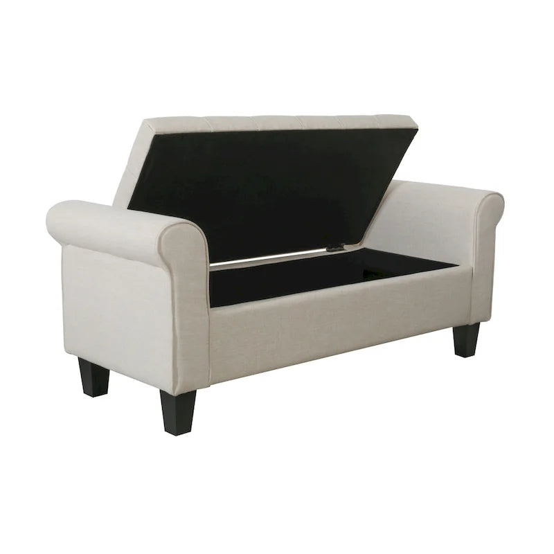 Banc de rangement capitonné en tissu gris / gris foncé / beige avec accoudoirs roulés, une place