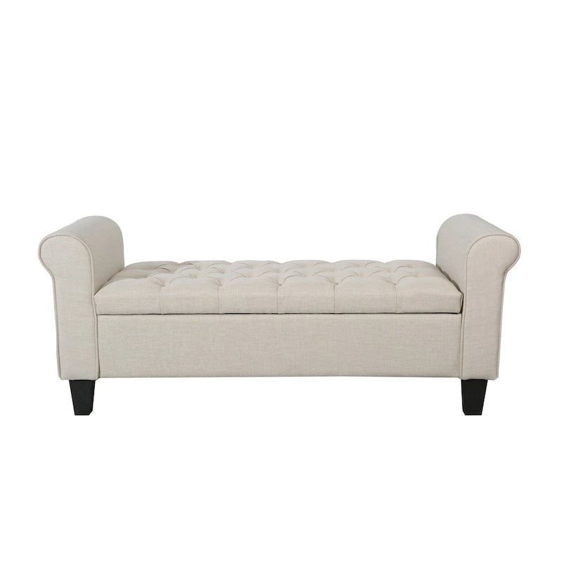 Banc de rangement capitonné en tissu gris / gris foncé / beige avec accoudoirs roulés, une place
