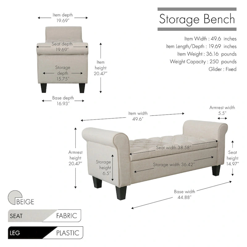 Banc de rangement capitonné en tissu gris / gris foncé / beige avec accoudoirs roulés, une place