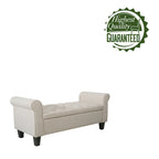 Banc de rangement capitonné en tissu gris / gris foncé / beige avec accoudoirs roulés, une place