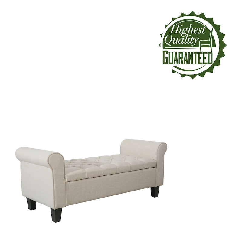 Banc de rangement capitonné en tissu gris / gris foncé / beige avec accoudoirs roulés, une place