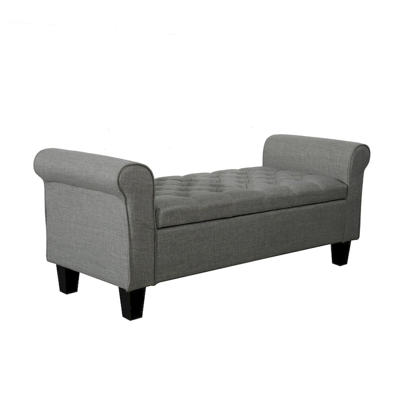 Banc de rangement capitonné en tissu gris / gris foncé / beige avec accoudoirs roulés, une place