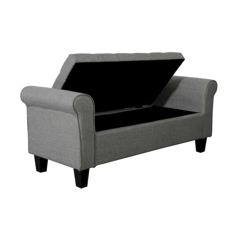 Banc de rangement capitonné en tissu gris / gris foncé / beige avec accoudoirs roulés, une place