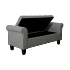 Banc de rangement capitonné en tissu gris / gris foncé / beige avec accoudoirs roulés, une place