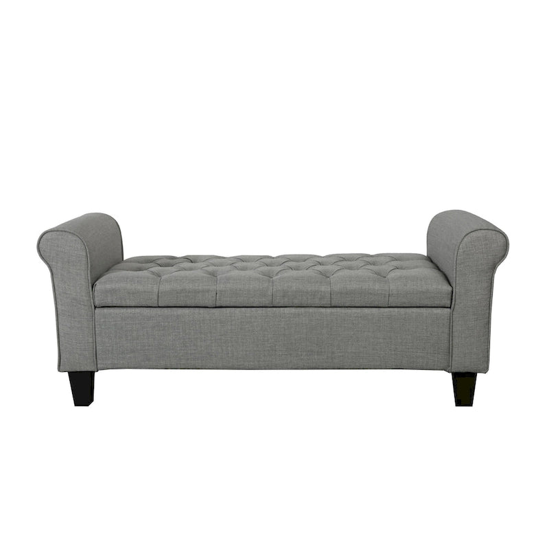 Banc de rangement capitonné en tissu gris / gris foncé / beige avec accoudoirs roulés, une place
