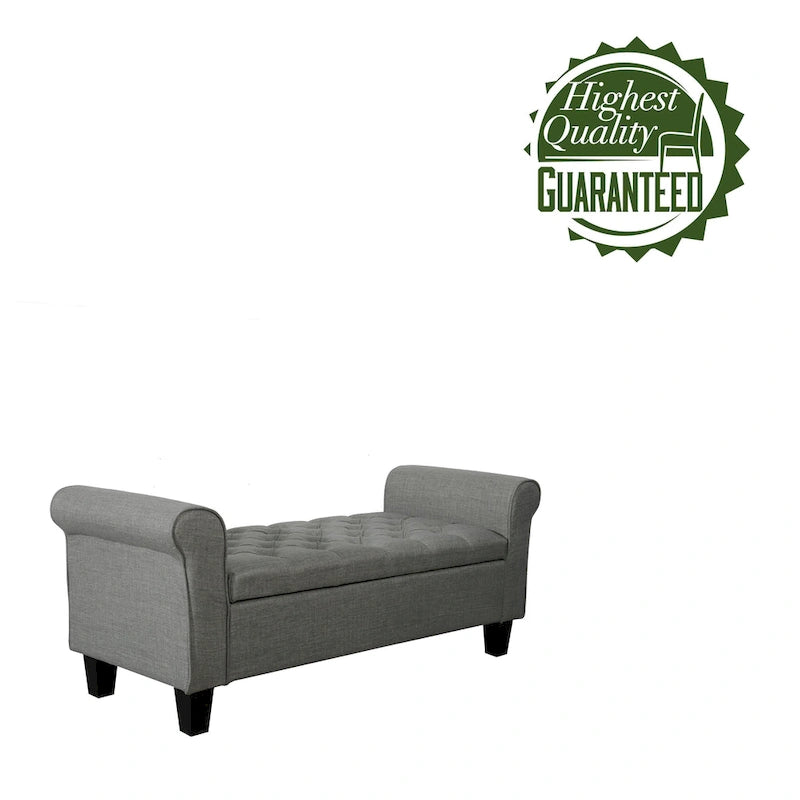 Banc de rangement capitonné en tissu gris / gris foncé / beige avec accoudoirs roulés, une place