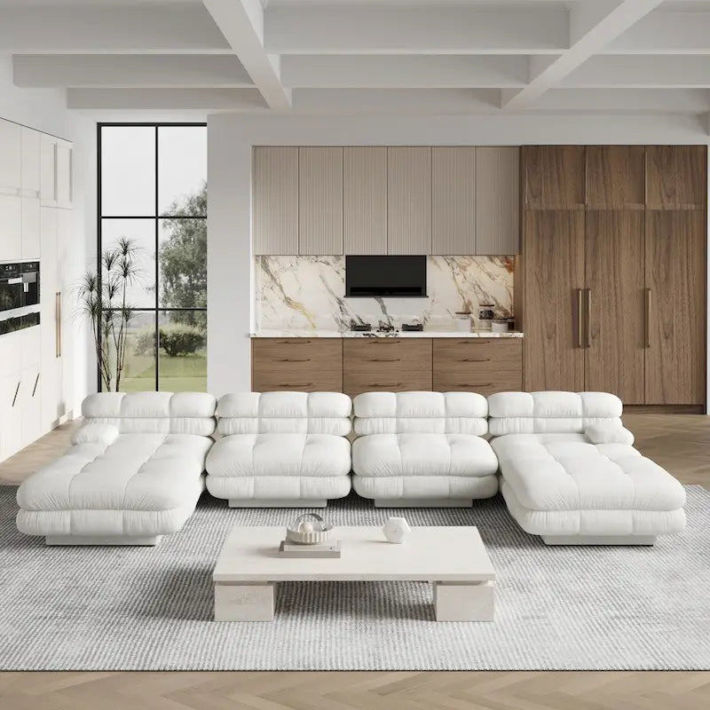 Canapé modulable en forme de U en velours Teddy beige/noir/marron clair, 6 places