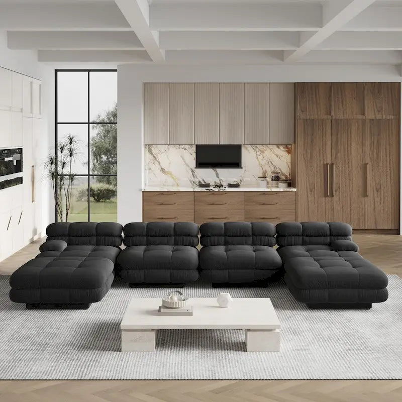 Canapé modulable en forme de U en velours Teddy beige/noir/marron clair, 6 places