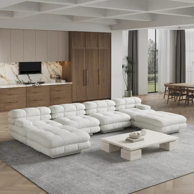 Canapé modulable en forme de U en velours Teddy beige/noir/marron clair, 6 places