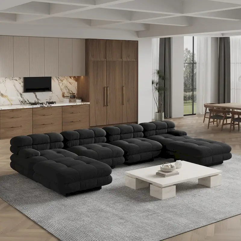 Canapé modulable en forme de U en velours Teddy beige/noir/marron clair, 6 places