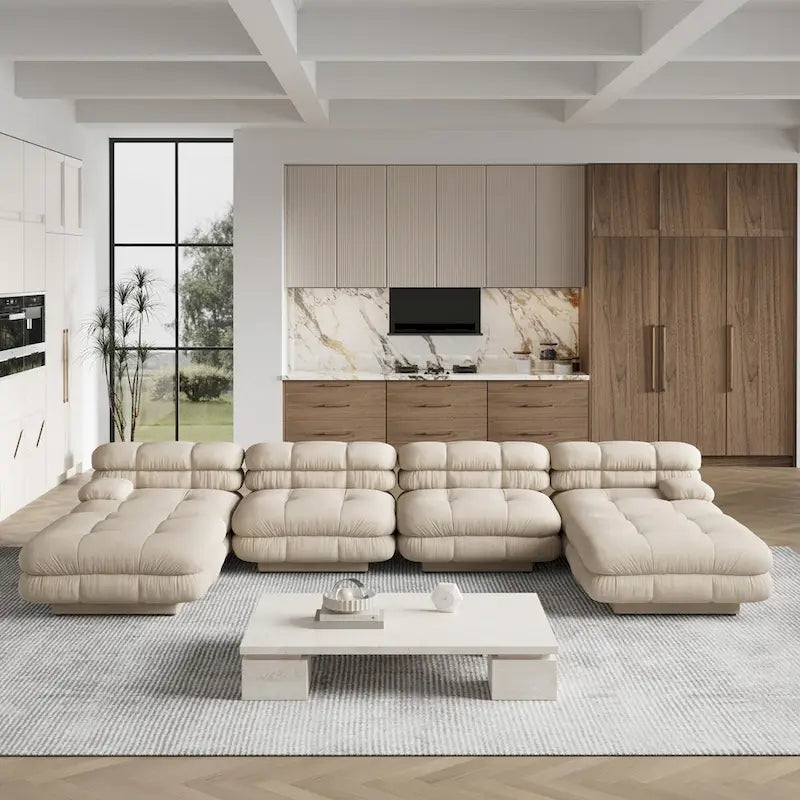 Canapé modulable en forme de U en velours Teddy beige/noir/marron clair, 6 places