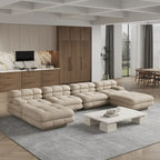 Canapé modulable en forme de U en velours Teddy beige/noir/marron clair, 6 places