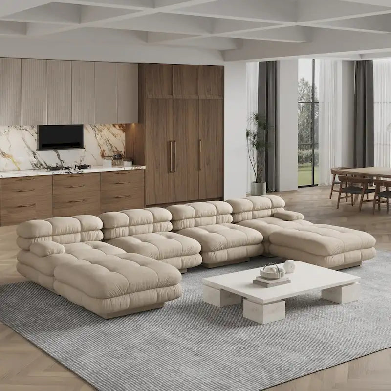 Canapé modulable en forme de U en velours Teddy beige/noir/marron clair, 6 places