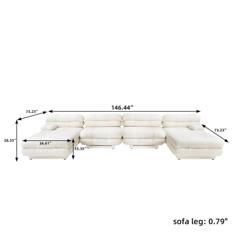 Canapé modulable en forme de U en velours Teddy beige/noir/marron clair, 6 places