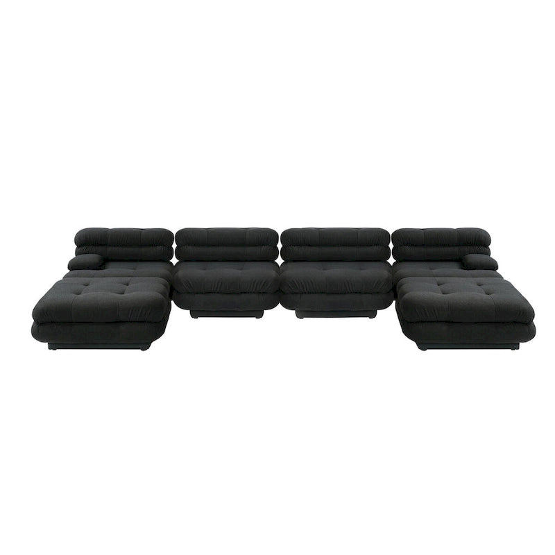Canapé modulable en forme de U en velours Teddy beige/noir/marron clair, 6 places