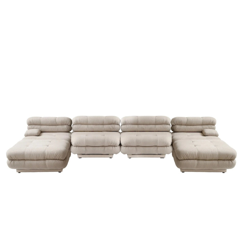 Canapé modulable en forme de U en velours Teddy beige/noir/marron clair, 6 places
