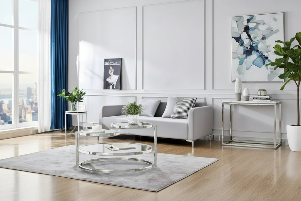 3 Tiers Round and Glass Coffee Table with 360 Degrees Rotating Top