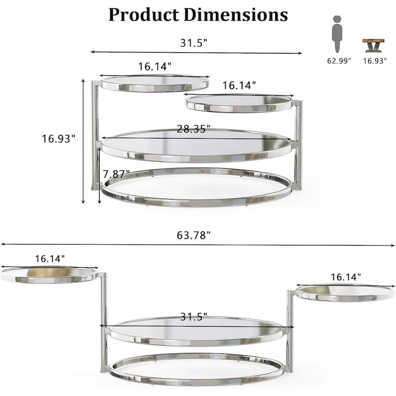 Table basse ronde en verre argenté, plateau rotatif à 360° à 3 niveaux, pour 1 à 2 personnes