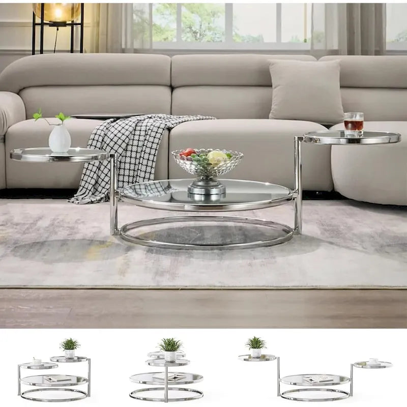 Table basse ronde en verre argenté, plateau rotatif à 360° à 3 niveaux, pour 1 à 2 personnes