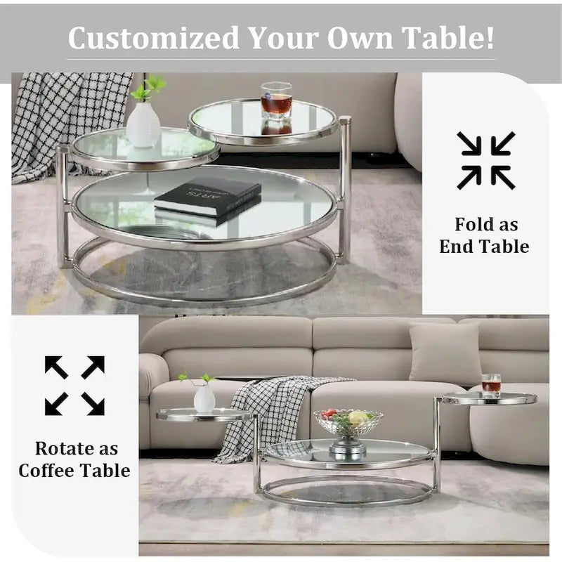 Table basse ronde en verre argenté, plateau rotatif à 360° à 3 niveaux, pour 1 à 2 personnes