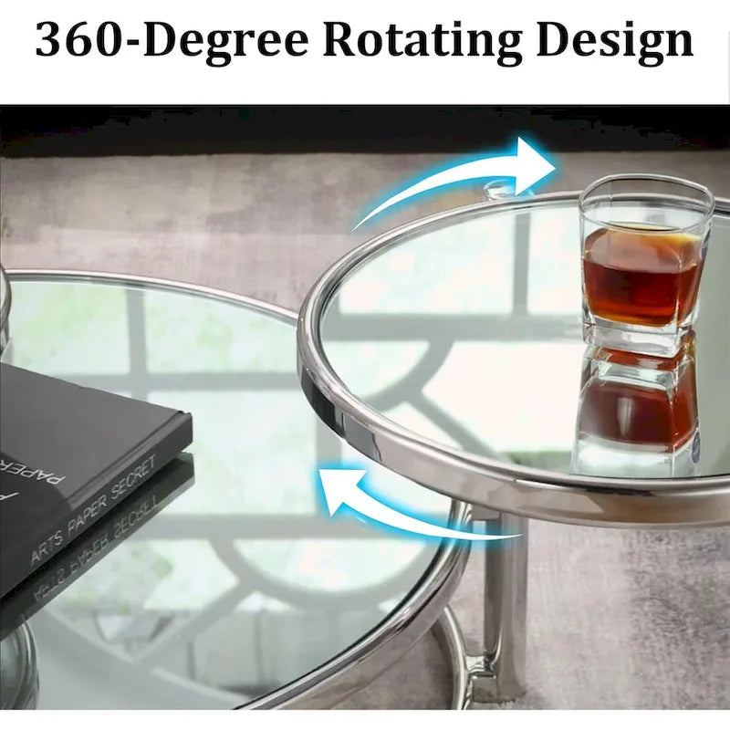 Table basse ronde en verre argenté, plateau rotatif à 360° à 3 niveaux, pour 1 à 2 personnes