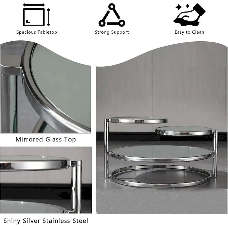 Table basse ronde en verre argenté, plateau rotatif à 360° à 3 niveaux, pour 1 à 2 personnes