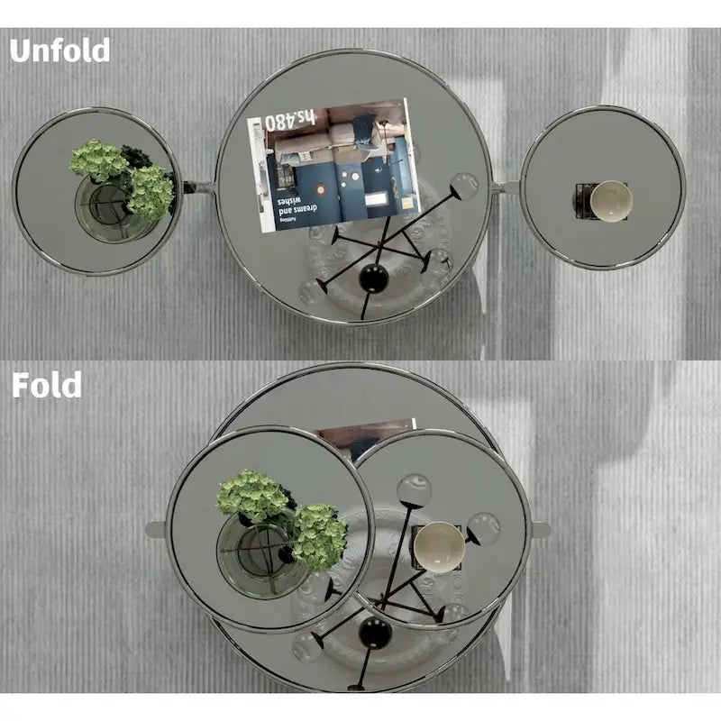Table basse ronde en verre argenté, plateau rotatif à 360° à 3 niveaux, pour 1 à 2 personnes