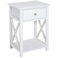 Table d'appoint blanche en X avec tiroir et étagère ouverte, une pièce