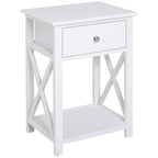 Table d'appoint blanche en X avec tiroir et étagère ouverte, une pièce