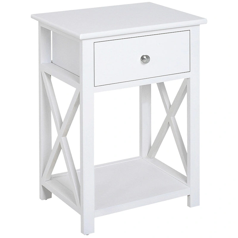 Table d'appoint blanche en X avec tiroir et étagère ouverte, une pièce