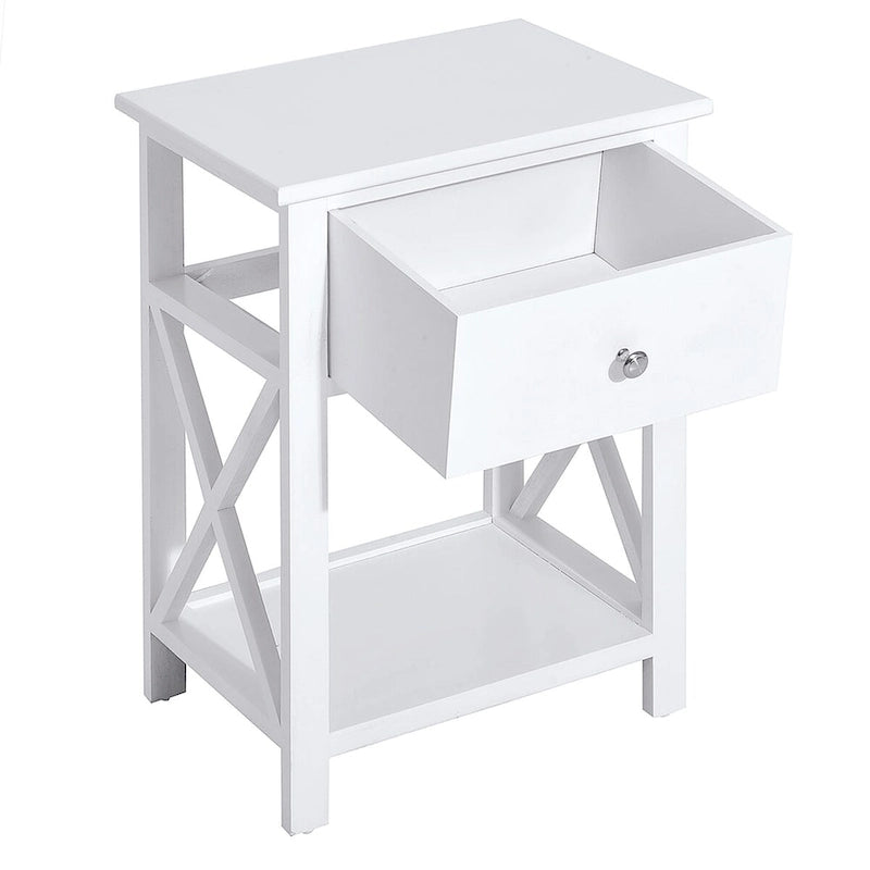 Table d'appoint blanche en X avec tiroir et étagère ouverte, une pièce