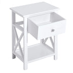 Table d'appoint blanche en X avec tiroir et étagère ouverte, une pièce