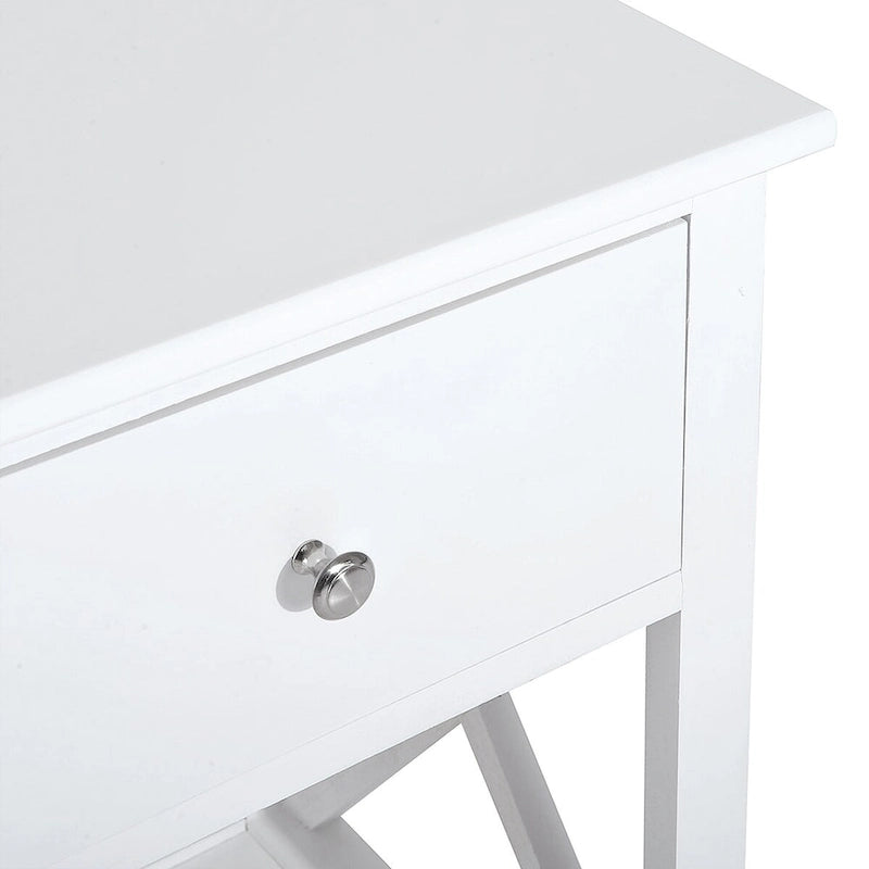 Table d'appoint blanche en X avec tiroir et étagère ouverte, une pièce
