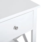 Table d'appoint blanche en X avec tiroir et étagère ouverte, une pièce