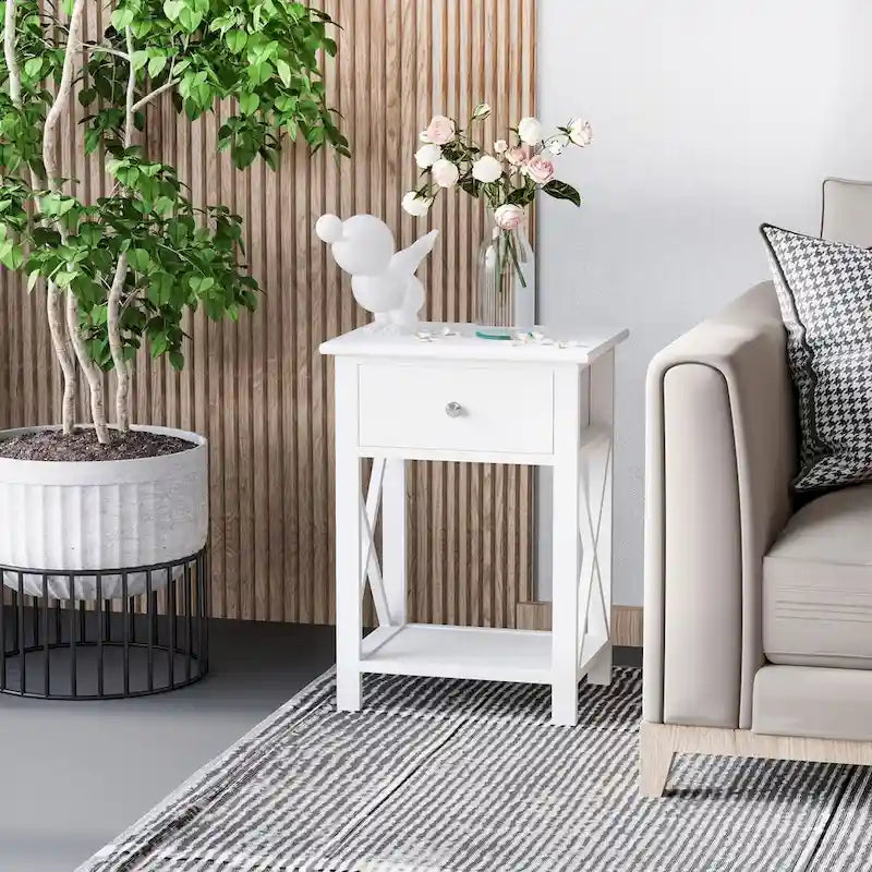 Table d'appoint blanche en X avec tiroir et étagère ouverte, une pièce