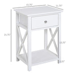 Table d'appoint blanche en X avec tiroir et étagère ouverte, une pièce