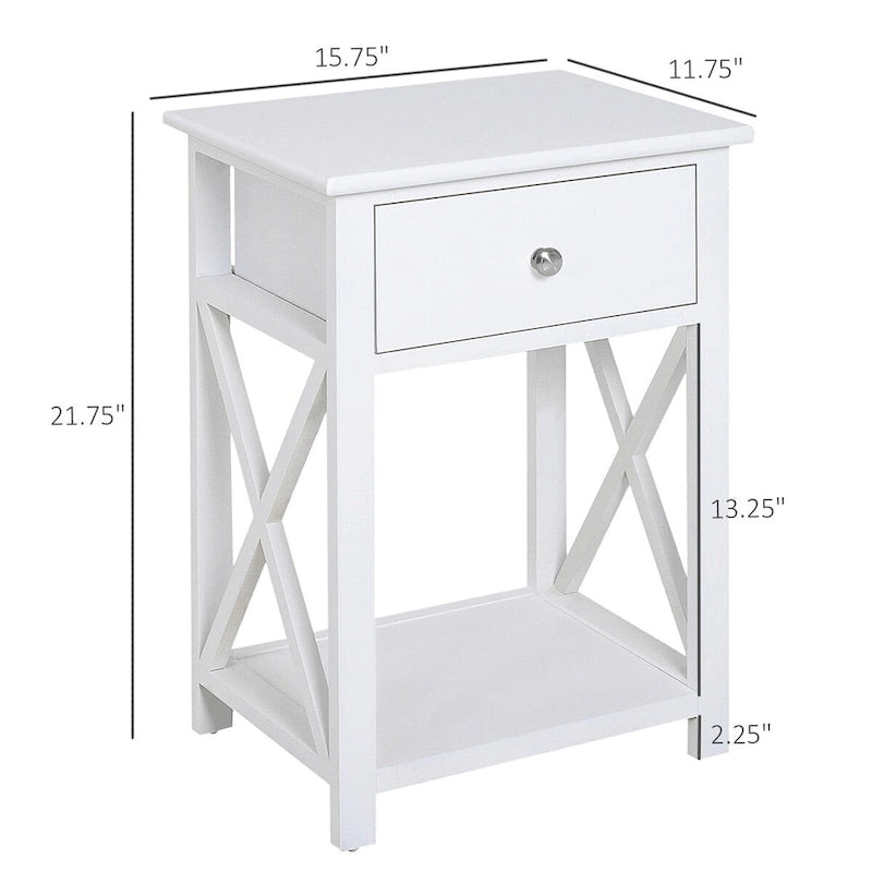 Table d'appoint blanche en X avec tiroir et étagère ouverte, une pièce