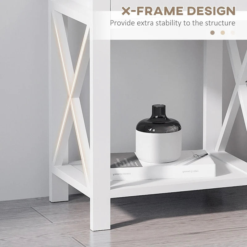 Table d'appoint blanche en X avec tiroir et étagère ouverte, une pièce