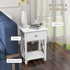 Table d'appoint blanche en X avec tiroir et étagère ouverte, une pièce