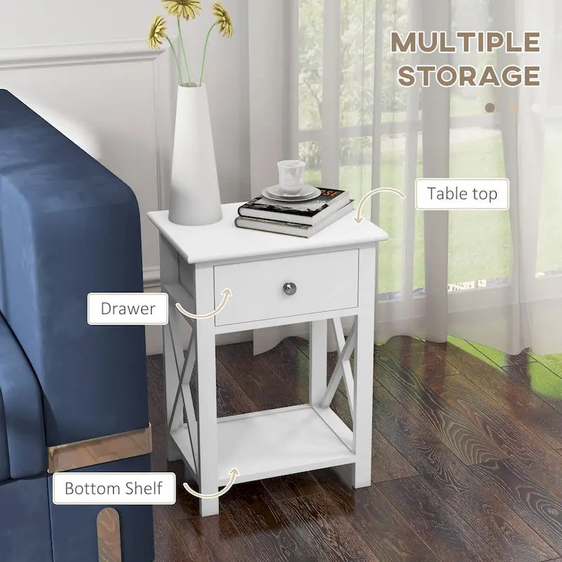 Table d'appoint blanche en X avec tiroir et étagère ouverte, une pièce