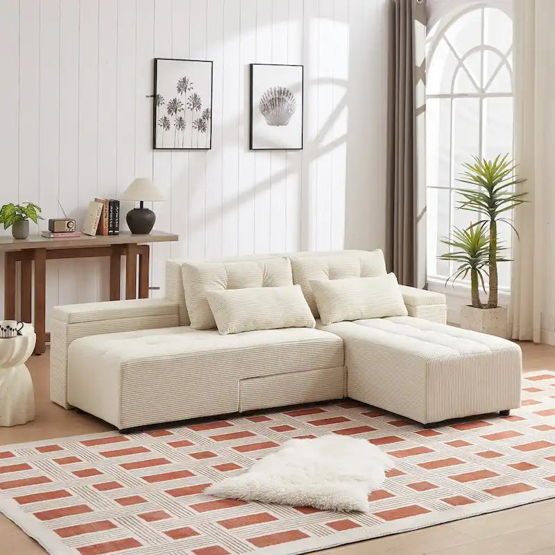 Canapé sectionnel convertible 3-en-1 en velours côtelé beige, symétrique, 3+ places