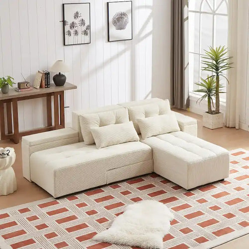Canapé sectionnel convertible 3-en-1 en velours côtelé beige, symétrique, 3+ places