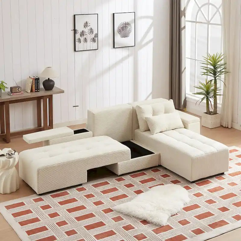 Canapé sectionnel convertible 3-en-1 en velours côtelé beige, symétrique, 3+ places