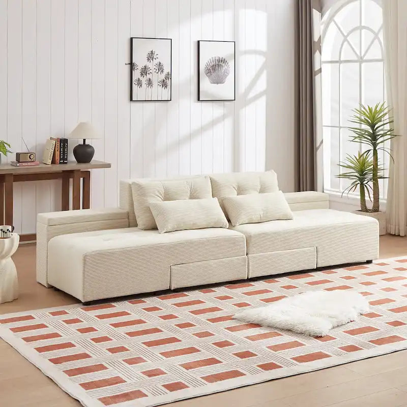 Canapé sectionnel convertible 3-en-1 en velours côtelé beige, symétrique, 3+ places