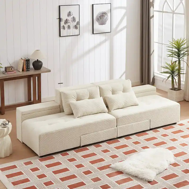 Canapé sectionnel convertible 3-en-1 en velours côtelé beige, symétrique, 3+ places