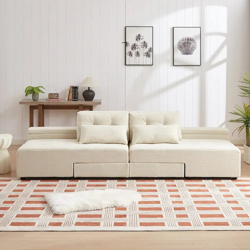 Canapé sectionnel convertible 3-en-1 en velours côtelé beige, symétrique, 3+ places