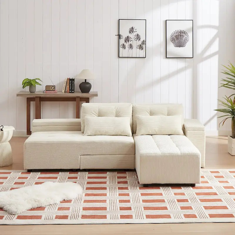 Canapé sectionnel convertible 3-en-1 en velours côtelé beige, symétrique, 3+ places